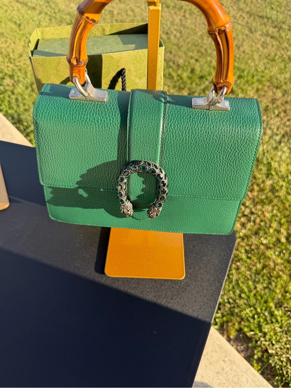Gucci Emerald Green Leather Top-Handle Satchel with Bamboo Handles